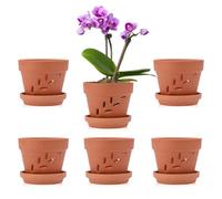 SUMTree Lot de 6 pots à orchidée en terre cuite de 10 cm avec trous et soucoupes - Petits pots à orchidée en terre cuite pour intérieur et extérieur - Favorise la circulation de l'air