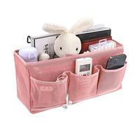 SUMTree Organisateur de chevet suspendu 4 poches sac de Rangement de chevet en filet panier de lit et crochet pour serviette, téléphone, stylos, télécommande (rose)