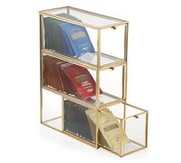 SUMTree Organisateur de sachets de thé en verre avec 3 tiroirs dorés - Boîte de rangement polyvalente vintage pour cuisine, bureau, thé, expresso, sucre, capsules de café