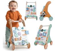 Sun Baby Chariot de Marche en Bois 2 en 1 - Trotteur Bébé Interactif avec Trieur de Formes, Labyrinthe, Xylophone et Miroir, Jouet Éducatif pour Apprendre à Marcher, 12 Mois+
