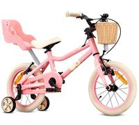 sun baby Vélo Enfant 14 Pouces LOOFI, Fille 3-5 Ans, Max 50 kg - léger 6,6 kg, Cadre en Aluminium, avec siège pour poupée, Roues d'appui, Panier, Sonnette, Autocollants - Rose