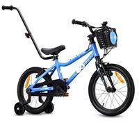 sun baby Vélo Enfant 16 Pouces LOOFI, Garçon 4-6 Ans, Max 50 kg - léger 6,9 kg, Cadre en Aluminium, avec Roues d'appoint, Panier, Sonnette, Autocollants - Bleu
