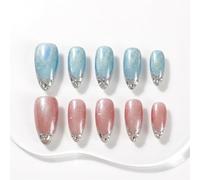 Sun&Beam Nails Faux Ongles Faits Main Forme Amande Moyenne Bleu Nacré Rose Nude Dégradé Argenté Paillettes Fines Press-On Nails 10 Pièces (#319 M)