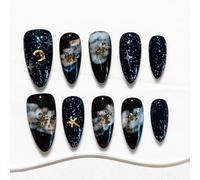 Sun&Beam Nails Faux Ongles Faits Main Forme Amande Moyenne Bleu Nuit Effet Nébuleuse Feuille d'Or Étoiles Brillantes Press-On Nails 10 Pièces (#274 L)