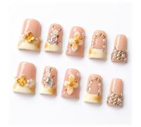 Sun&Beam Nails faux ongles faits main, forme canard en rose nude #327 S | Pointes de manucure française blanc laiteux et jaune pâle, fleurs en relief, papillons dorés et perles à l'aspect nacré