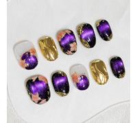 Sun&Beam Nails Faux Ongles Faits Main Forme Ronde Courte Violet Doré Noir Effet Œil de Chat Fleurs Délicates Press-On Nails 10 Pièces (#279 XS)