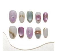 Sun&Beam Nails Faux Ongles Faits Main Forme Ronde Moyenne Violet Pastel Blanc Nacré Lignes Dorées Press-On Nails 10 Pièces (#283 L)