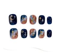 Sun&Beam Nails Faux Ongles Faits Main Forme Squoval Courte Bleu Nuit Rose Poudré Galaxie Feuille d'Or Étoiles Lune Brillant Press-On Nails 10 Pièces (#289 S)