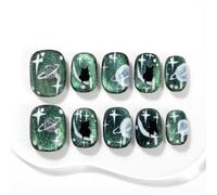 Sun&Beam Nails Faux Ongles Faits Main Forme Squoval Courte Vert Émeraude Paillettes Chat Noir Étoiles Lune Press-On Nails 10 Pièces (#034 S)