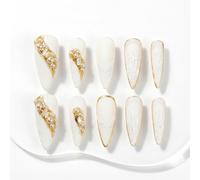 Sun&Beam Nails Faux Ongles Faits Main Forme Stiletto Longue Blanc Crème Perles Dorées Strass Press-On Nails 10 Pièces (#080 S)