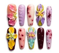 Sun&Beam Nails faux ongles faits main multicolores, forme ballerine #325 L | Forme coffin longue, fleurs en relief, détails transparents effet rosée et fini brillant d'inspiration tropicale