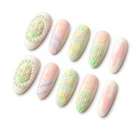 Sun&Beam Nails Faux ongles faits main, ovales à fleurs pastel #337 L | Contours façon perles, fleurs en relief et petits croissants de lune composent un jardin au fini mat.