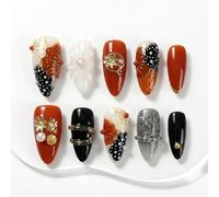 Sun&Beam Nails Faux Ongles Press On Handmade Forme Amande Moyenne Brique Rouge Noir Blanc Fleurs Rétro Perles Finition Brillante 10 Pièces Manucure Rapide pour le Quotidien et les Sorties (#312 L)
