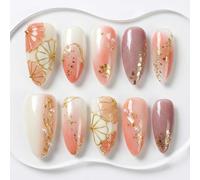 Sun&Beam Nails Faux Ongles Press On Handmade Forme Amande Rose Nude Feuille d'Or Perles Finition Brillante Longueur Moyenne 10 Pièces Manucure Rapide pour le Quotidien et les Sorties (#308 M)