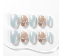 Sun&Beam Nails Faux Ongles Press On Handmade Forme Carrée Courte Bleu Glacé Nude Rosé Or Rose Perlé Paillettes Perles 10 pièces Manucure Rapide pour le Quotidien et les Sorties (#305 XS)