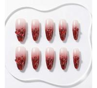 Sun&Beam Nails Faux Ongles Press On Handmade Forme Longue Pointue Rose Nude et Rouge Paillettes Cœur 3D Finition Brillante Long 10 pièces Réutilisables pour Sorties et Occasions Spéciales (#302 M)
