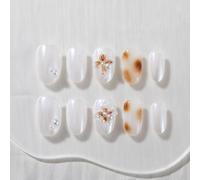 Sun&Beam Nails Faux Ongles Press On Handmade Forme Ronde Blanc Nacré Marron Fleurs Perles Finition Brillante Court 10 pièces Manucure Rapide pour le Quotidien et les Sorties (#294 S)