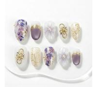 Sun&Beam Nails Faux Ongles Press On Handmade Forme Ronde Courte Blanc Crème Lilas Fleurs Perles Dorées Finition Brillante 10 pièces Manucure Rapide pour le Quotidien et les Sorties (#315 L)