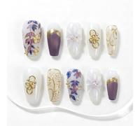 Sun&Beam Nails Faux Ongles Press On Handmade Forme Trapèze Blanc Crème Violet Doré Motifs Floraux Finition Brillante Moyen 10 pièces Réutilisables pour le Quotidien et les Sorties (#316 M)