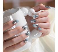 Sun&Beam Nails Ongles artificiels faits main Court Amande à coller en Bleu Argenté Aurore Dégradé Brillant design avec autocollants - 10 pièces (#221 M)