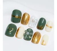 Sun&Beam Nails Ongles artificiels faits main Court Carré à coller en Vert Blanc Doré Fleur 3D Peint à la main design avec autocollants - 10 pièces (#059 M)