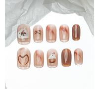 Sun&Beam Nails Ongles artificiels faits main Court Carré-arrondi à coller en Beige nude Rose Peint à la main Dégradé Gâteau design avec autocollants - 10 pièces (#199 S)