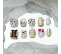 Sun&Beam Nails Ongles artificiels faits main Court Carré-arrondi à coller en Blanc Jaune Marron Peint à la main Mignon Ours design avec autocollants - 10 pièces (#200 S)