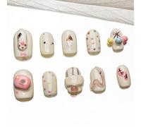 Sun&Beam Nails Ongles artificiels faits main Court Carré-arrondi à coller en Blanc Rose Jaune Bleu Peint à la main Gel Poly Dessin animé design avec autocollants - 10 pièces (#185 L)