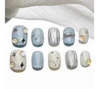 Sun&Beam Nails Ongles artificiels faits main Court Carré-arrondi à coller en Bleu Blanc Étoile 3D Gel Poly design avec autocollants - 10 pièces (#175 XS)