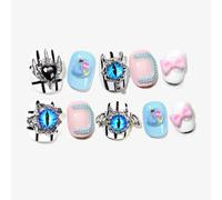 Sun&Beam Nails Ongles artificiels faits main Court Carré-arrondi à coller en Bleu Rose 3D Y2K Mauvais œil design avec autocollants - 10 pièces (#147 S)