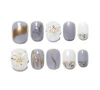 Sun&Beam Nails Ongles artificiels faits main Court Carré-arrondi à coller en Gris Blanc Doré Fleur Paillettes 3D design avec autocollants - 10 pièces (#166 M)