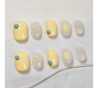 Sun&Beam Nails Ongles artificiels faits main Court Carré-arrondi à coller en Jaune Blanc Bleu Ombre Peint à la main Mignon design avec autocollants - 10 pièces (#264 XS)