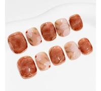 Sun&Beam Nails Ongles artificiels faits main Court Carré-arrondi à coller en Marron Beige nude Peint à la main Fleur Ombre design avec autocollants - 10 pièces (#037 XS)