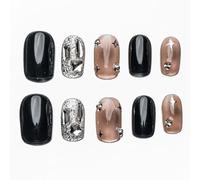 Sun&Beam Nails Ongles artificiels faits main Court Carré-arrondi à coller en Noir Argenté Rose Beige nude Strass Tendance Brillant design avec autocollants - 10 pièces (#184 XS)