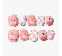 Sun&Beam Nails Ongles artificiels faits main Court Carré-arrondi à coller en Rose Blanc 3D Dessin animé Japonais design avec autocollants - 10 pièces (#157 S)