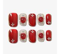 Sun&Beam Nails Ongles artificiels faits main Court Carré-arrondi à coller en Rouge Doré Couleur unie Aimant Brillant design avec autocollants - 10 pièces (#161 M)