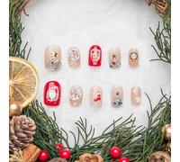 Sun&Beam Nails Ongles artificiels faits main Court Carré-arrondi à coller en Rouge Vert Blanc Noël 3D Mignon design avec autocollants - 10 pièces (#191 L)