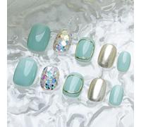 Sun&Beam Nails Ongles artificiels faits main Court Carré-arrondi à coller en Vert Doré Paillettes Brillant Peint à la main design avec autocollants - 10 pièces (#181 M)