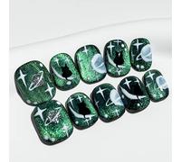 Sun&Beam Nails Ongles artificiels faits main Court Carré-arrondi à coller en Vert Peint à la main Dessin animé Aimant design avec autocollants - 10 pièces (#034 S)