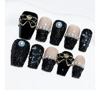 Sun&Beam Nails Ongles artificiels faits main Court Coffin Ballerine à coller en Noir Beige nude Perle Nœud Mignon design avec autocollants - 10 pièces (#061 L)
