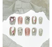 Sun&Beam Nails Ongles artificiels faits main Court Coffin Ballerine à coller en Rose Blanc Argenté Strass Cœur 3D design avec autocollants - 10 pièces (#203 XS)