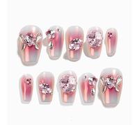 Sun&Beam Nails Ongles artificiels faits main Court Coffin Ballerine à coller en Rose Brillant Dégradé Strass design avec autocollants - 10 pièces (#101 S)