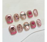 Sun&Beam Nails Ongles artificiels faits main Court Coffin Ballerine à coller en Rose Français Mignon Cœur design avec autocollants - 10 pièces (#252 S)