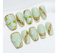 Sun&Beam Nails Ongles artificiels faits main Court Coffin Ballerine à coller en Vert Doré Peint à la main Minimaliste Japonais design avec autocollants - 10 pièces (#054 XS)