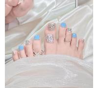 Sun&Beam Nails Ongles artificiels faits main Court pour les orteils à coller en Bleu Argenté Strass Paillettes Peint à la main design avec autocollants - 10 pièces (#228 L)
