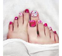 Sun&Beam Nails Ongles artificiels faits main Court pour les orteils à coller en Rose Rouge Strass Fleur Peint à la main design avec autocollants - 10 pièces (#223 S)