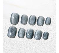 Sun&Beam Nails Ongles artificiels faits main Court Rond à coller en Gris Aimant Couleur unie Minimaliste design avec autocollants - 10 pièces (#247 L)