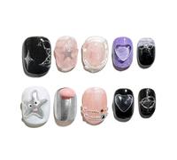 Sun&Beam Nails Ongles artificiels faits main Court Rond à coller en Noir Violet Argenté Rose 3D Étoile Y2K design avec autocollants - 10 pièces (#168 XS)