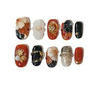 Sun&Beam Nails Ongles artificiels faits main Court Rond à coller en Rouge Noir Doré Fleur 3D Peint à la main design avec autocollants - 10 pièces (#216 M)