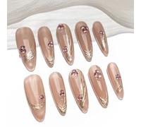 Sun&Beam Nails Ongles artificiels faits main Long Amande à coller en Doré Rose Beige nude Ombre Strass Brillant design avec autocollants - 10 pièces (#187 XS)